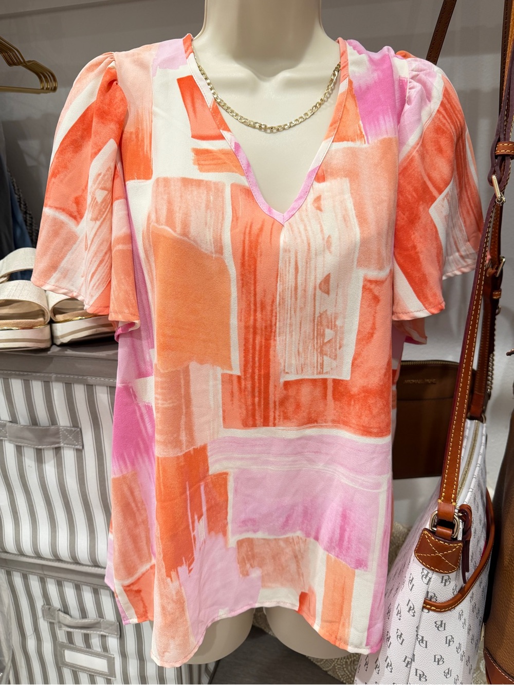 entro Abstract Brushstroke V-Neck Flutter Sleeve Top - Pink & Orange
